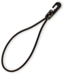 Sort stopper til HDPE solsejl med elastisk snor og plastikkrog til montering.