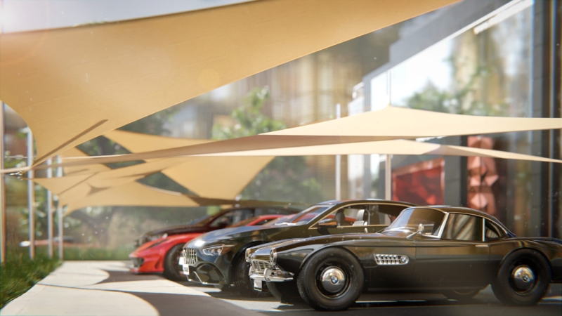 Custom-made sun sails for carports protecting luxury cars in a parking lot.