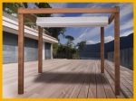 Voile d'ombrage rétractable sur mesure montée sur une pergola en bois sur une terrasse avec vue sur les montagnes et le lac.