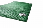 Custom-made green tennis court windbreak screen made of durable mesh with metal mounting eyelets.