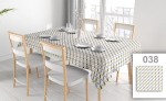 Skræddersyet reklamedug med farverigt geometrisk mønster, matchet med hvide spisestuemøbler. Slidstærkt trykt stof.