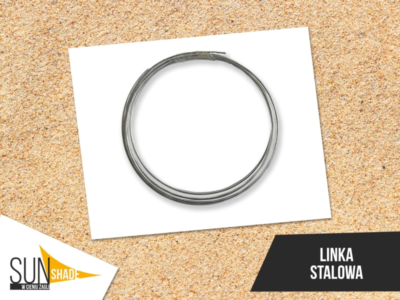 Silver steel cable in transparent PVC coating arranged in a circle on a white background. SunShade mounting accessory.