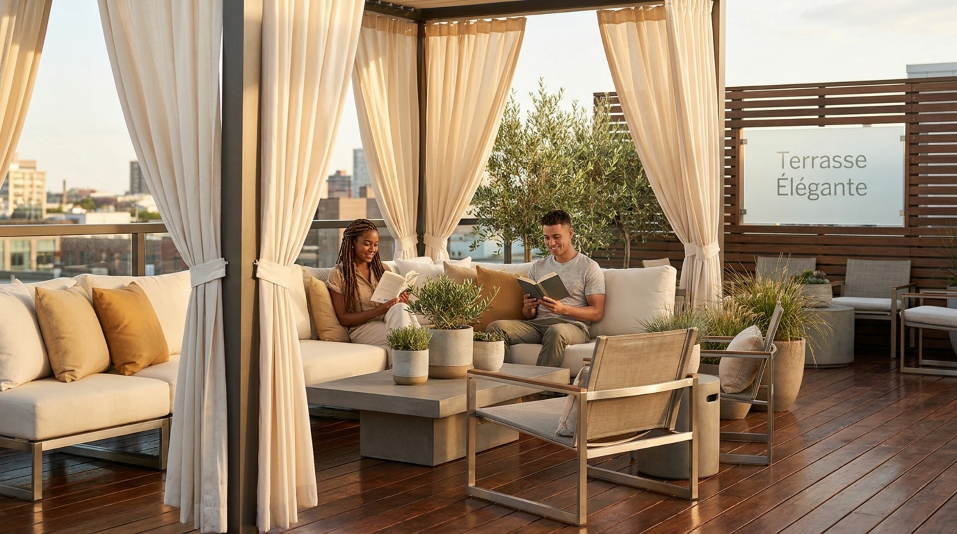 Couple lisant sur une terrasse de toit aménagée sous une pergola avec rideaux