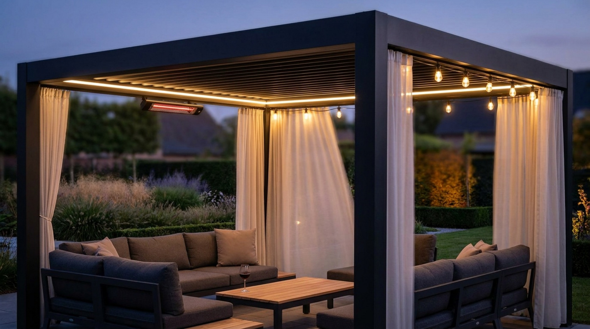 Anthracite aluminium louvered pergola at dusk fitted with an infrared heater, integrated LED strip lighting and warm string lights, flowing white curtains and a dark lounge set with a wooden table