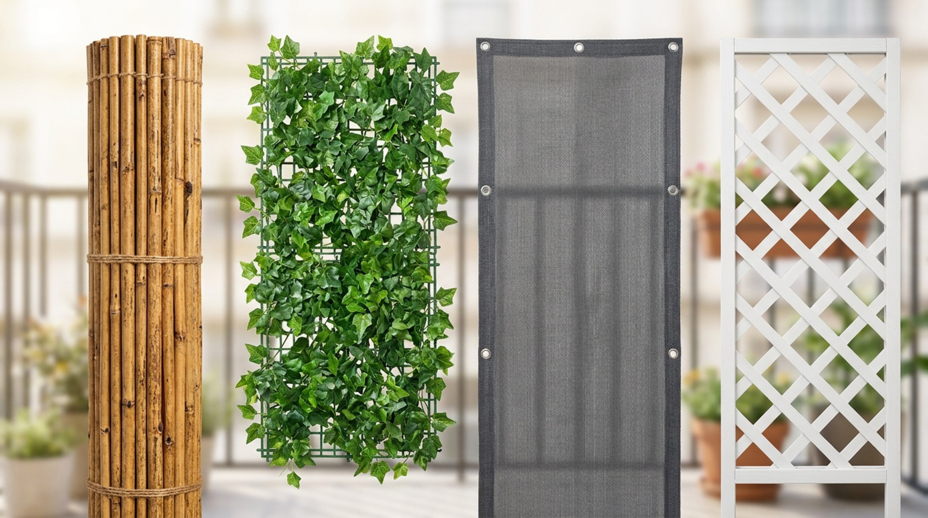 Four balcony privacy screen options, including bamboo, artificial foliage, grey fabric and white lattice panels.