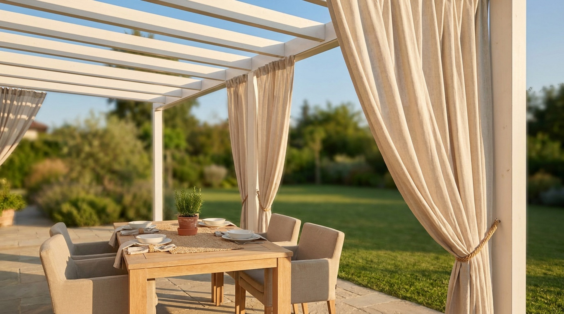 Outdoor dining table beneath a white pergola with tied-back beige curtains