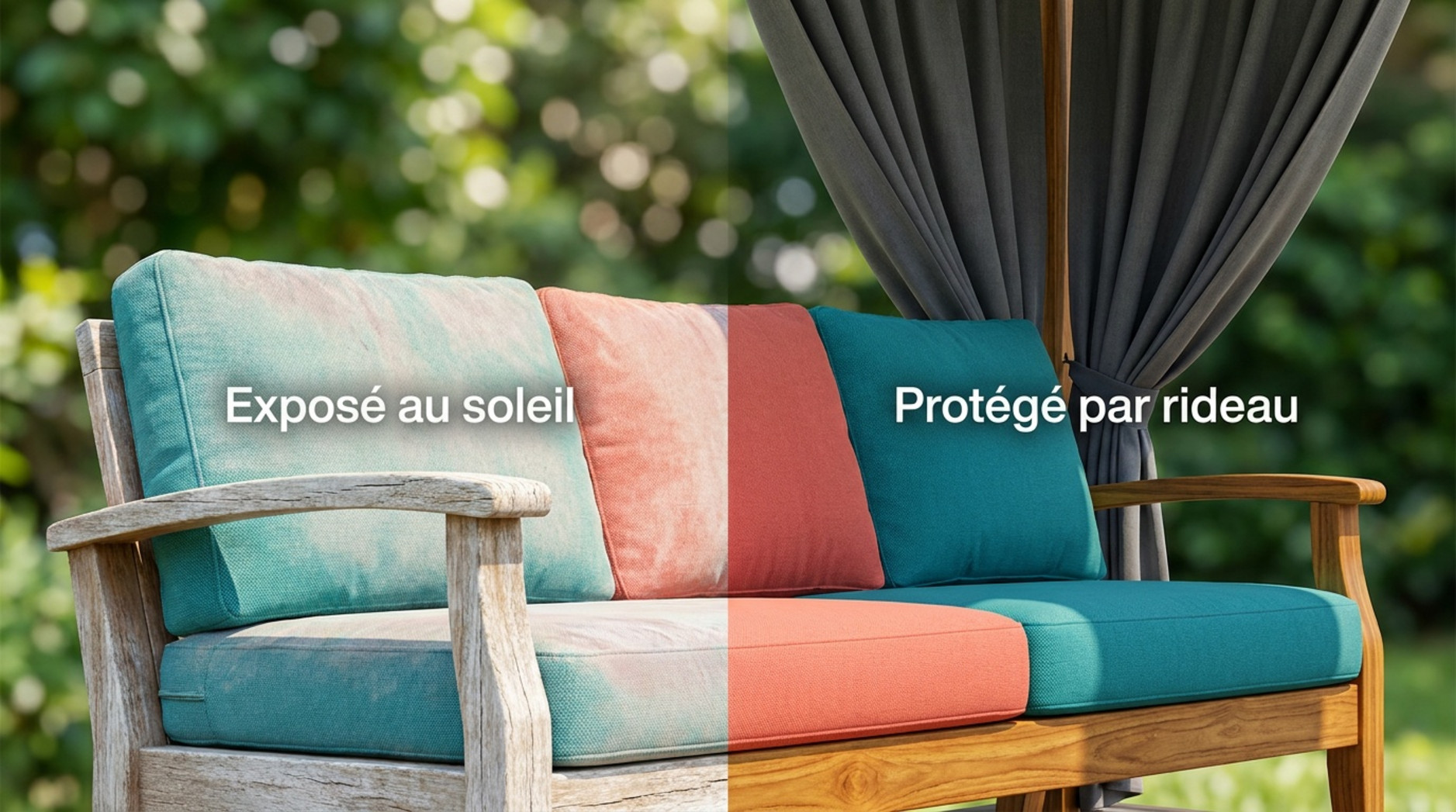 Comparaison de coussins extérieurs décolorés par le soleil et protégés par un rideau