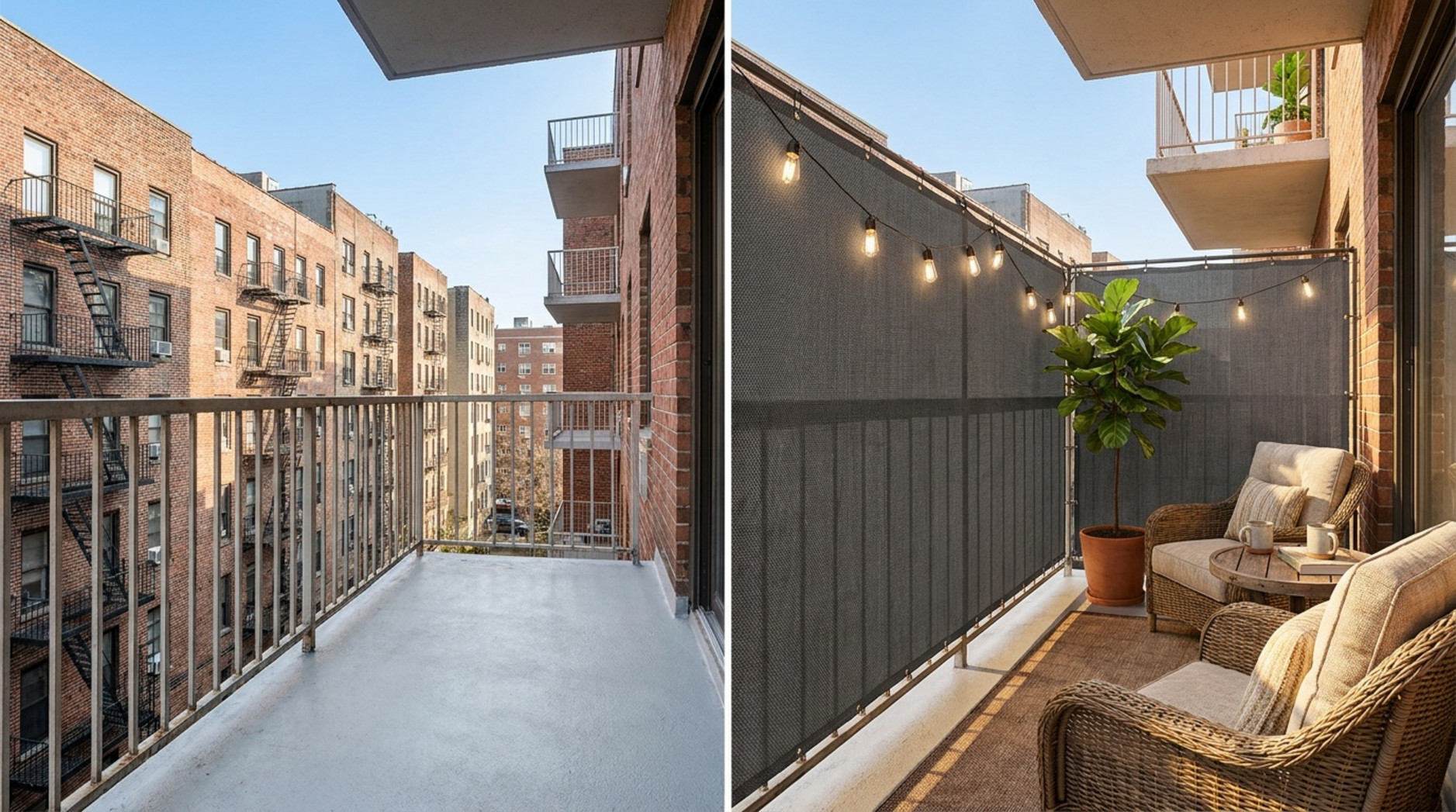 Split-screen image showing an open city balcony on the left and a cozy private oasis with a privacy screen and decor on the right.