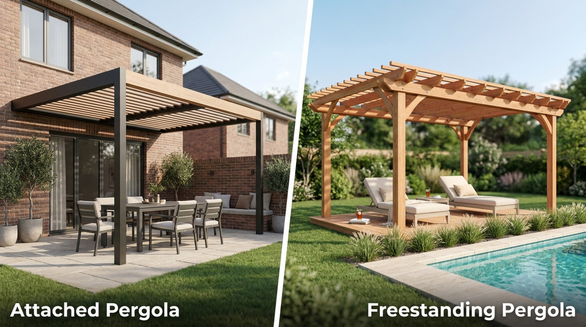 Side-by-side comparison image with an attached pergola fixed to a brick house over a dining set on the left, labelled "Attached Pergola", and a freestanding wooden pergola with sun loungers beside a pool on the right, labelled "Freestanding Pergola"