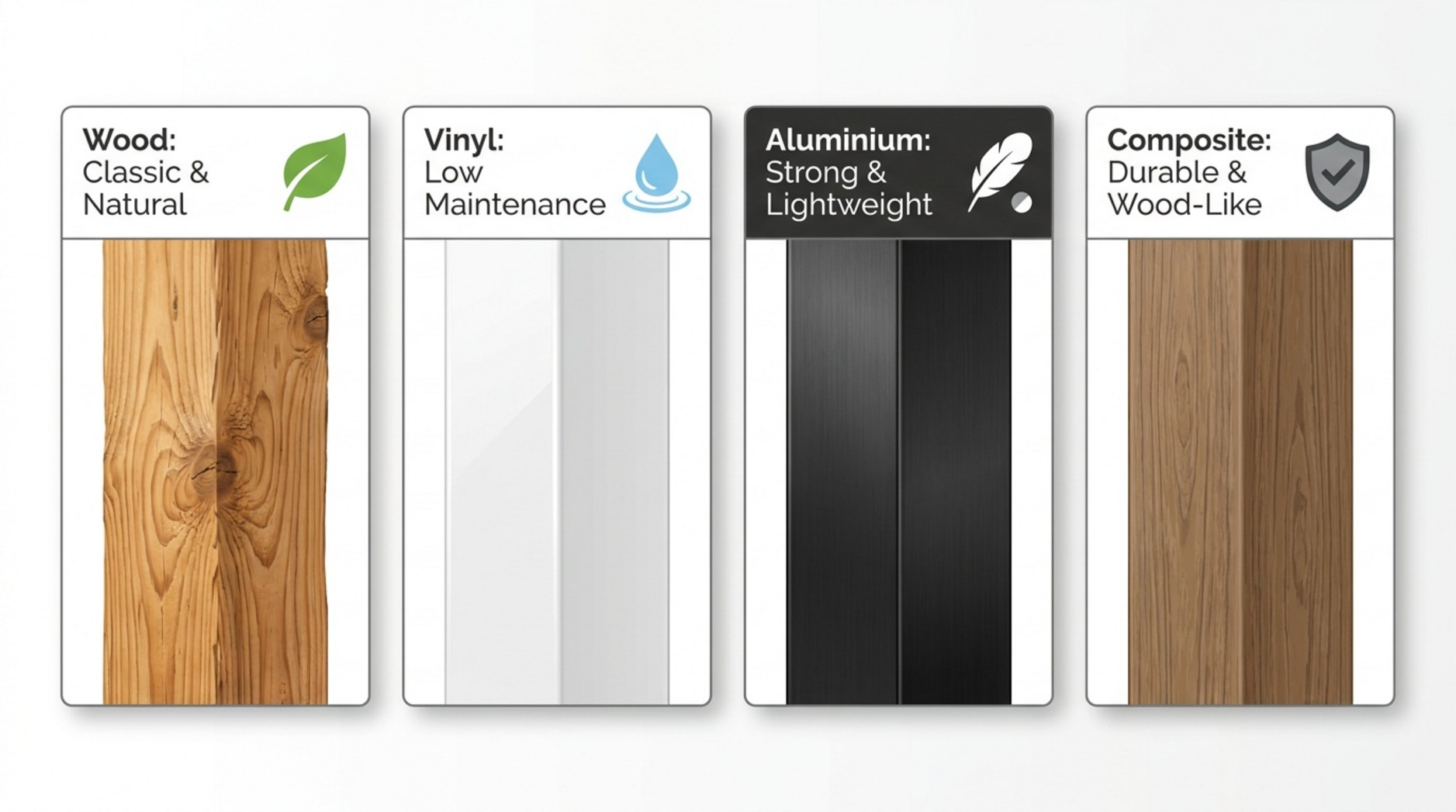 Comparison of different pergola materials showing close-up sections of each with labels and icons highlighting their main benefits.