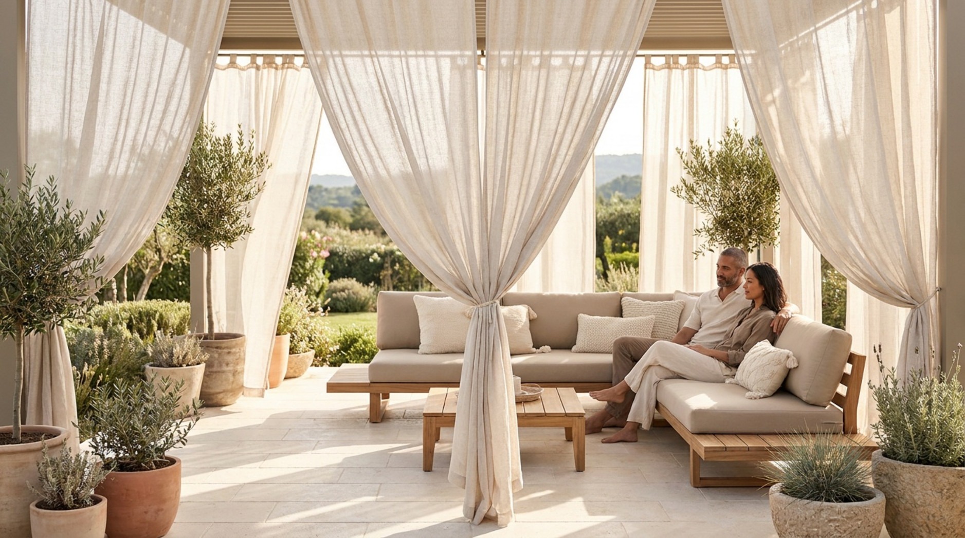 Ein Paar entspannt auf einem Lounge-Sofa in einer Pergola mit hellen Vorhängen, während im Vordergrund eine große, verzierte antike Urne steht.