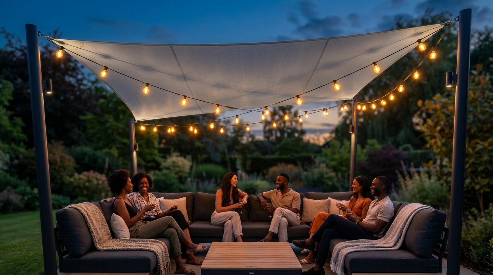 Groupe d’amis assis sous une voile d’ombrage éclairée par des guirlandes lumineuses dans un jardin