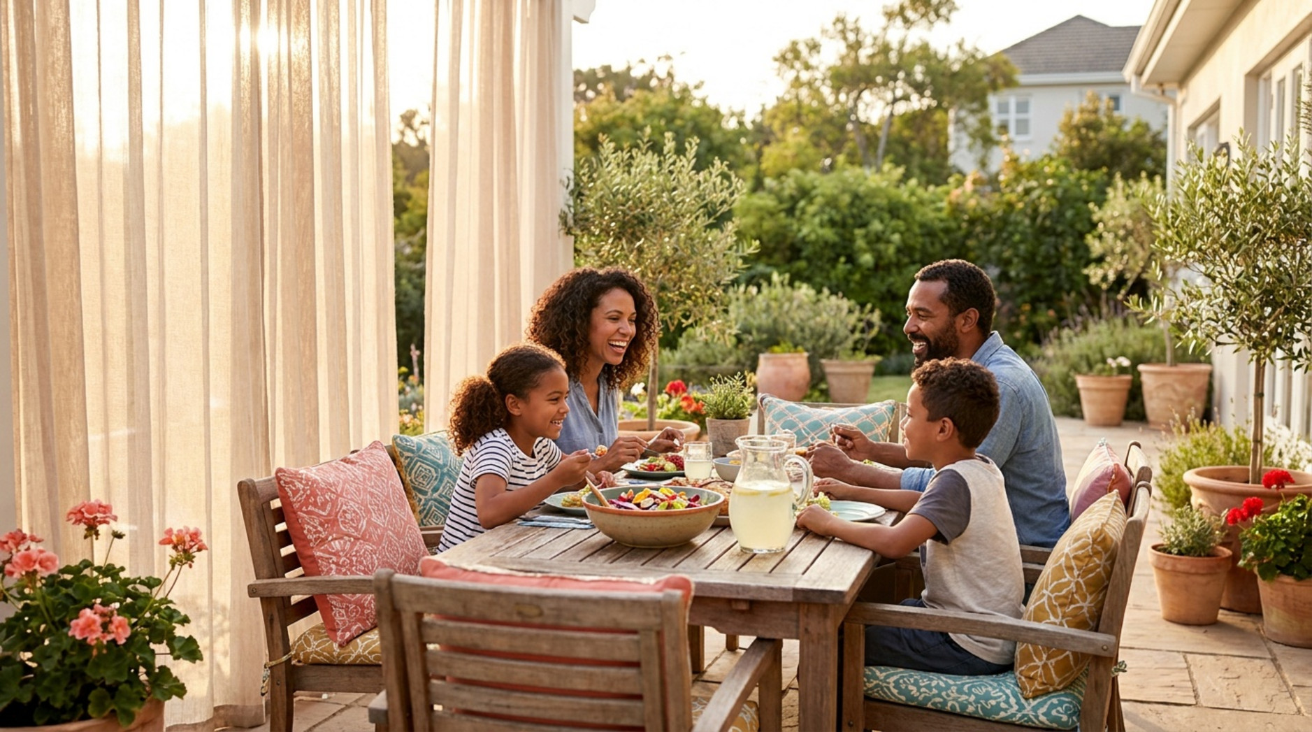 Family of four sharing a meal at a wooden table beside sheer outdoor curtains