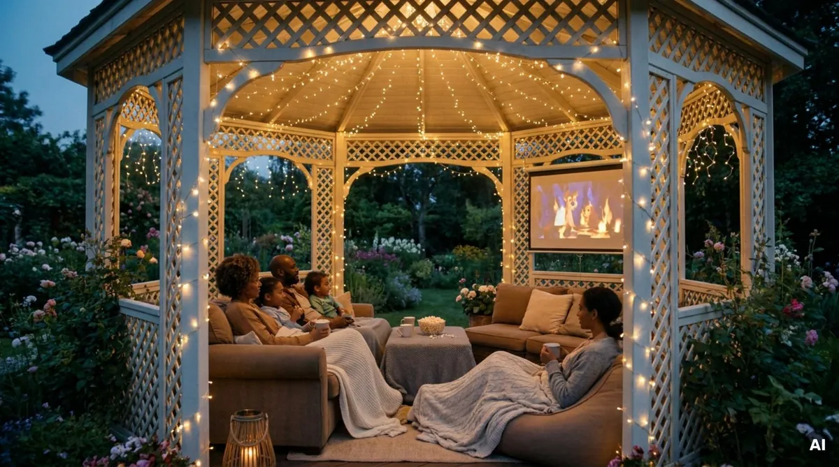 Family watching a projected movie inside a white garden gazebo decorated with warm string lights at dusk.