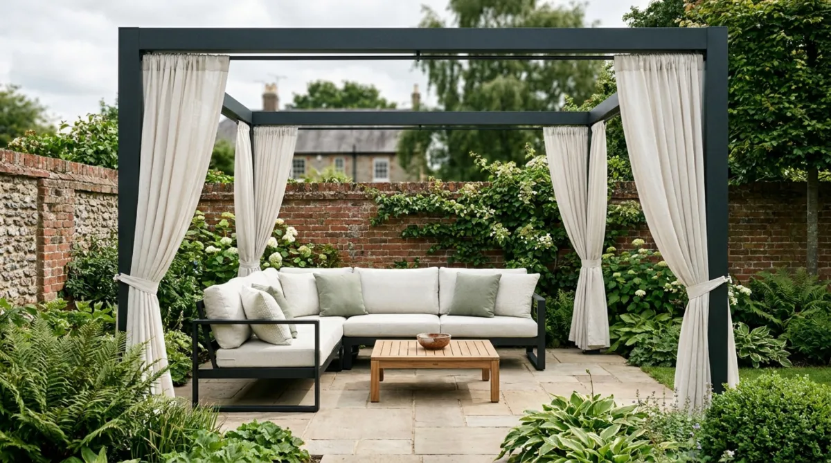 Dark metal garden pergola with white curtains and outdoor lounge seating