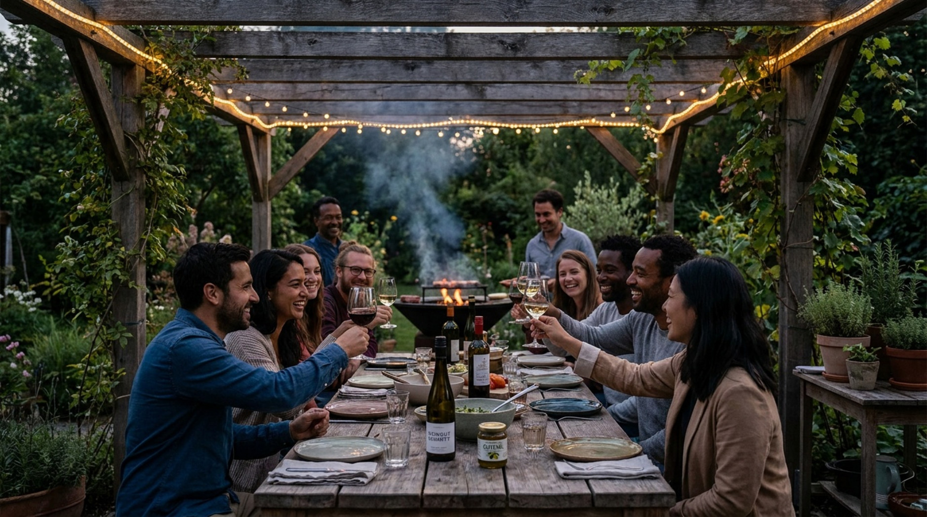 Gruppe von Freunden stößt am Abend an einem langen Holztisch unter einer mit Lichterketten geschmückten Pergola im Garten an