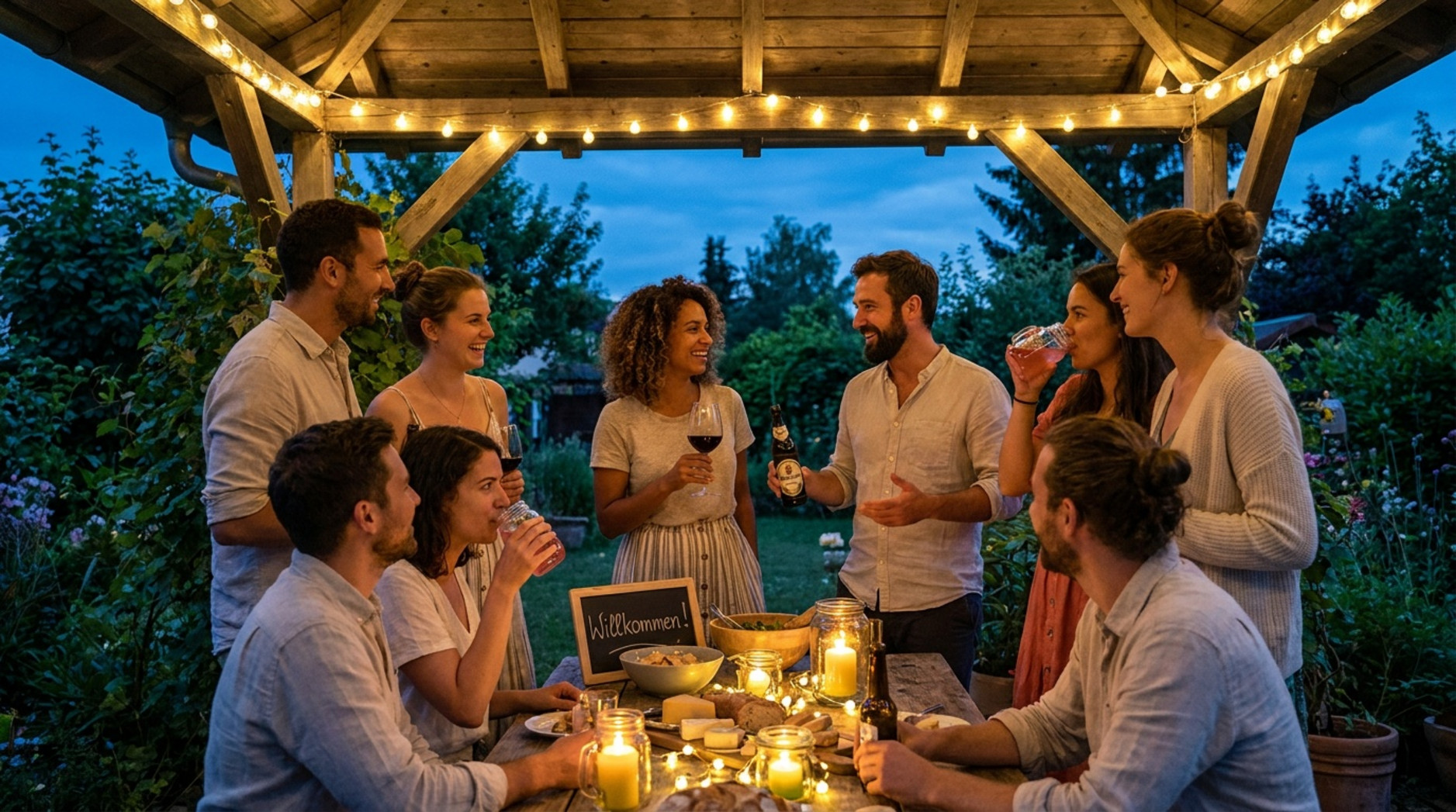 Gruppe von Erwachsenen bei einer abendlichen Gartenfeier unter einem beleuchteten Holzpavillon.