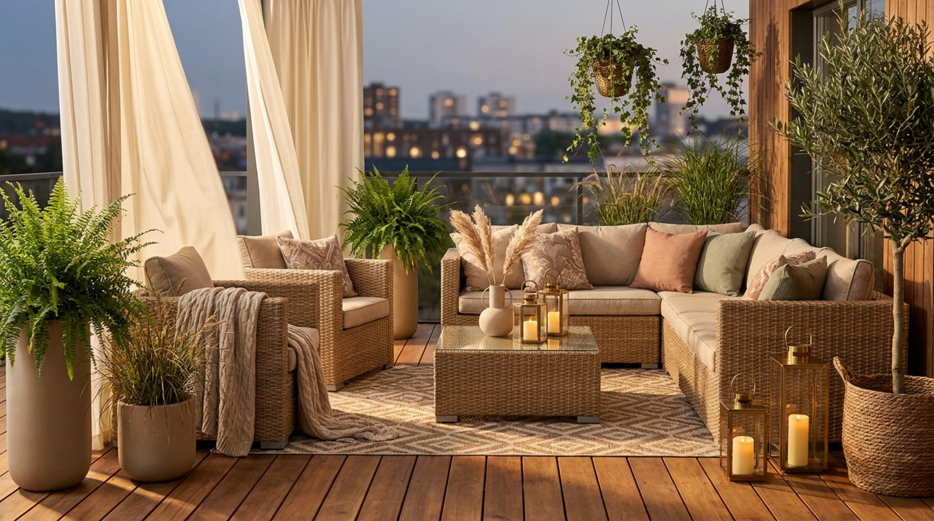 Gemütliche Terrassenlounge mit Rattanmöbeln, hellen Vorhängen und vielen Pflanzen