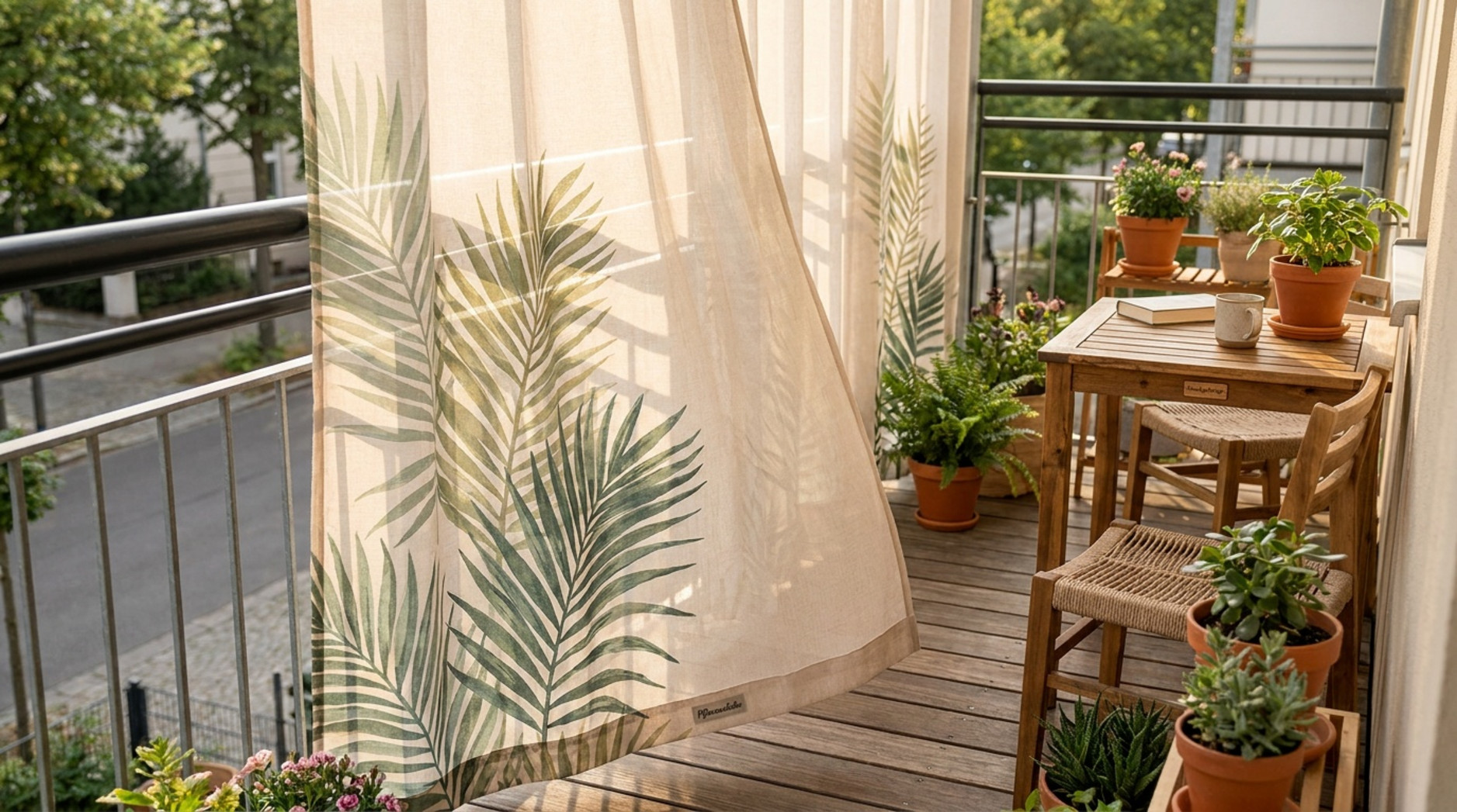 Schmaler Stadtbalkon mit bedrucktem Sichtschutzvorhang, Holztisch, Stühlen und zahlreichen Topfpflanzen.