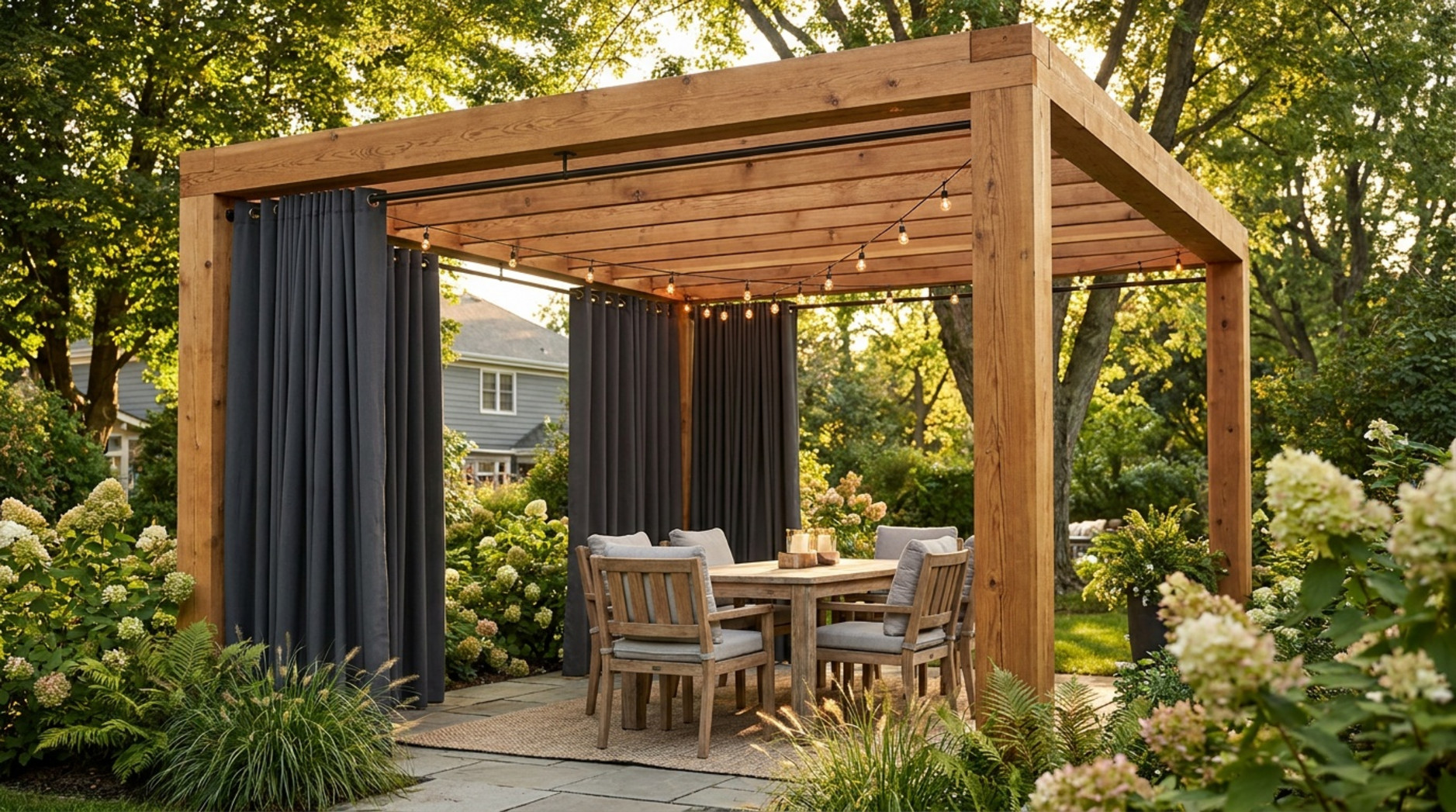 Holzpergola mit grauen Seitenvorhängen, Esstisch und Stühlen in einem begrünten Garten