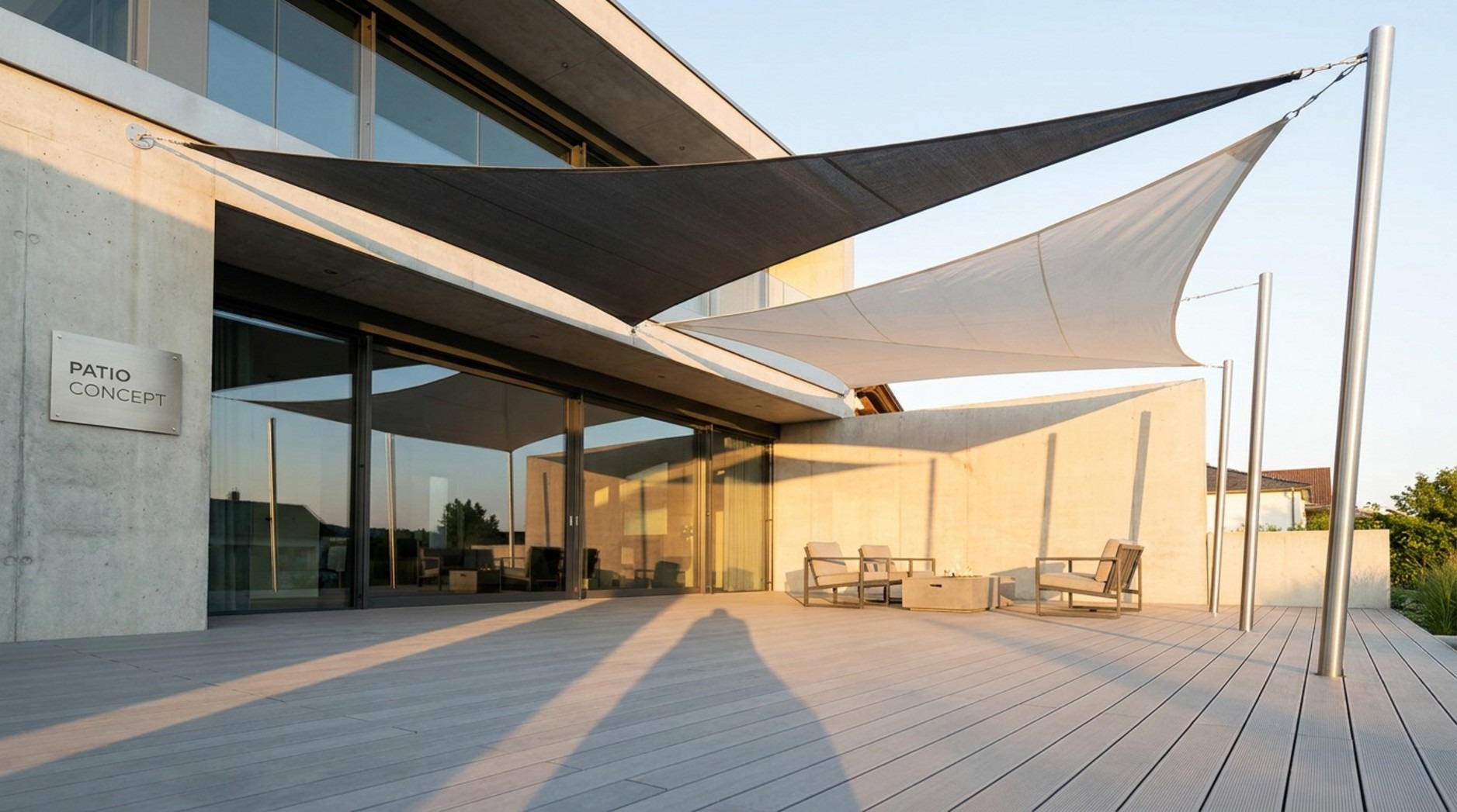 Voiles d'ombrage bicolores, noire et blanche, installées sur une terrasse moderne en bois devant une maison contemporaine.