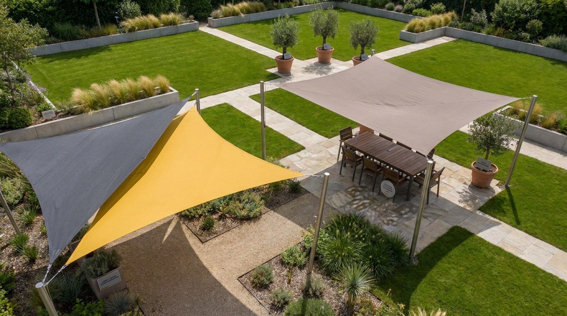Vue aérienne de voiles d'ombrage colorées installées au-dessus d'un jardin paysager structuré avec des pelouses et une terrasse.