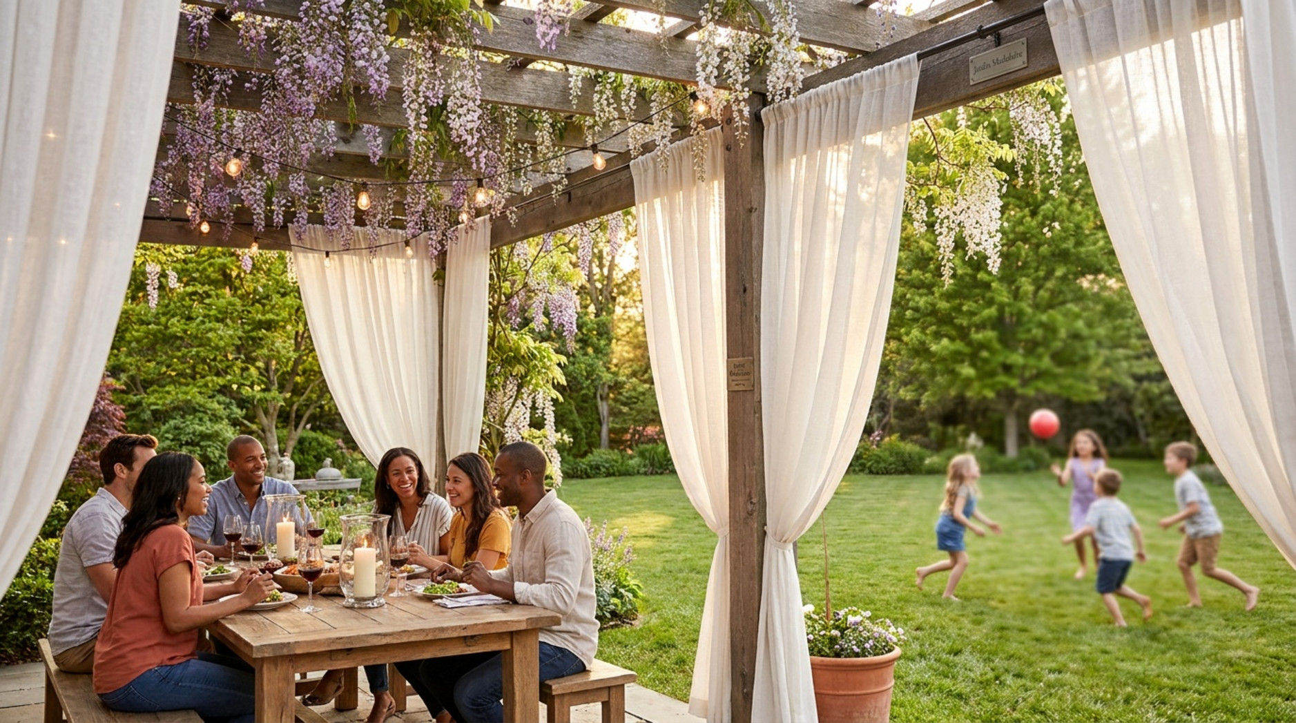 Famille et amis réunis autour d’une table sous une pergola avec rideaux blancs, tandis que des enfants jouent dans le jardin