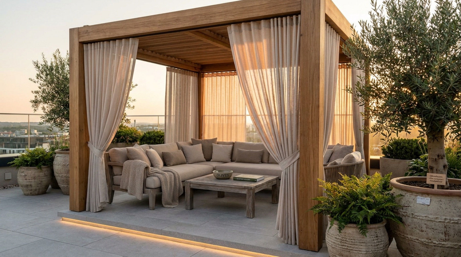 Holzpergola mit hellen Vorhängen, gepolsterter Sitzecke und Kübelpflanzen auf einer Dachterrasse.