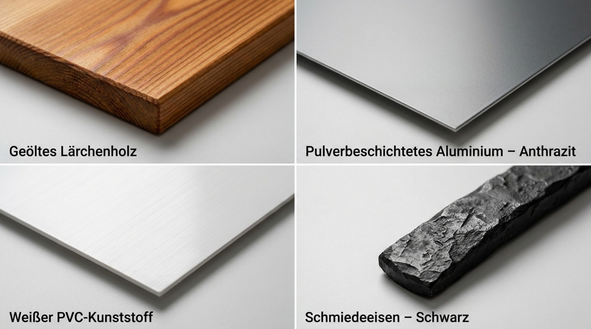 Vierteilige Materialübersicht mit geöltem Lärchenholz, pulverbeschichtetem Aluminium in Anthrazit, weißem PVC-Kunststoff und schwarzem Schmiedeeisen