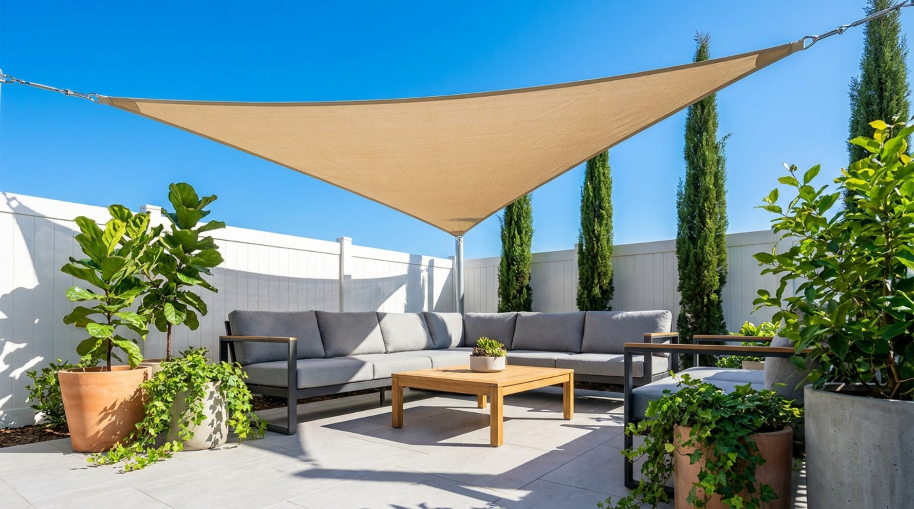 Beige triangular shade sail above a modern patio with grey seating, a wooden coffee table and potted plants.