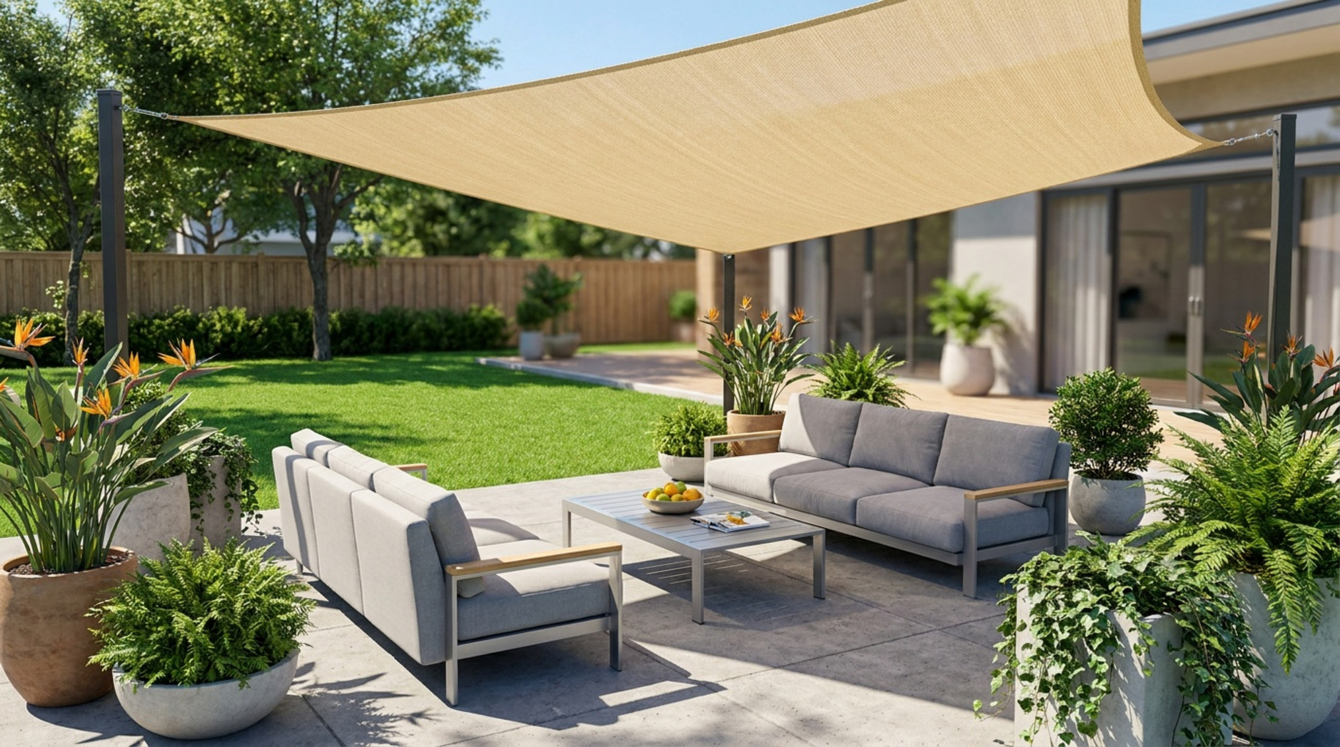 Beige shade sail above a modern garden patio with grey outdoor sofas, a coffee table and surrounding plants.