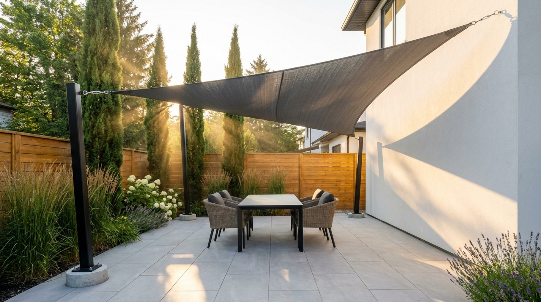 Dark rectangular shade sail fixed between metal posts and a house wall above a modern garden dining area.