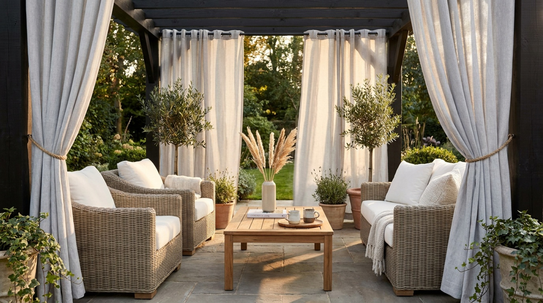 Dark wooden garden pergola with cream eyelet curtains, rattan seating and a central coffee table