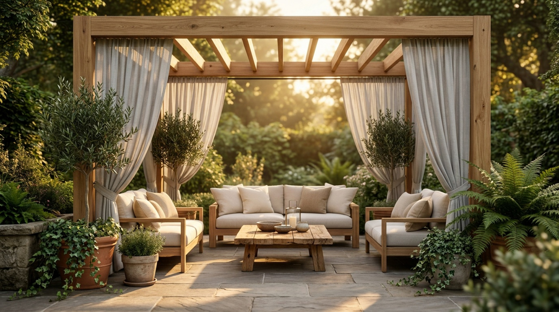 Wooden garden pergola with grey curtains, cushioned seating and a rustic coffee table