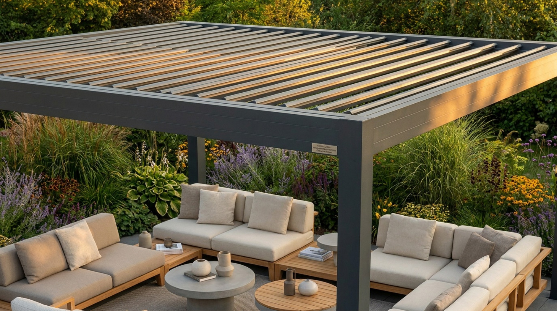 Moderne anthrazitfarbene Aluminium-Pergola mit verstellbaren Lamellen über einer Lounge mit beigen Polstermöbeln und Holztischen im blühenden Garten