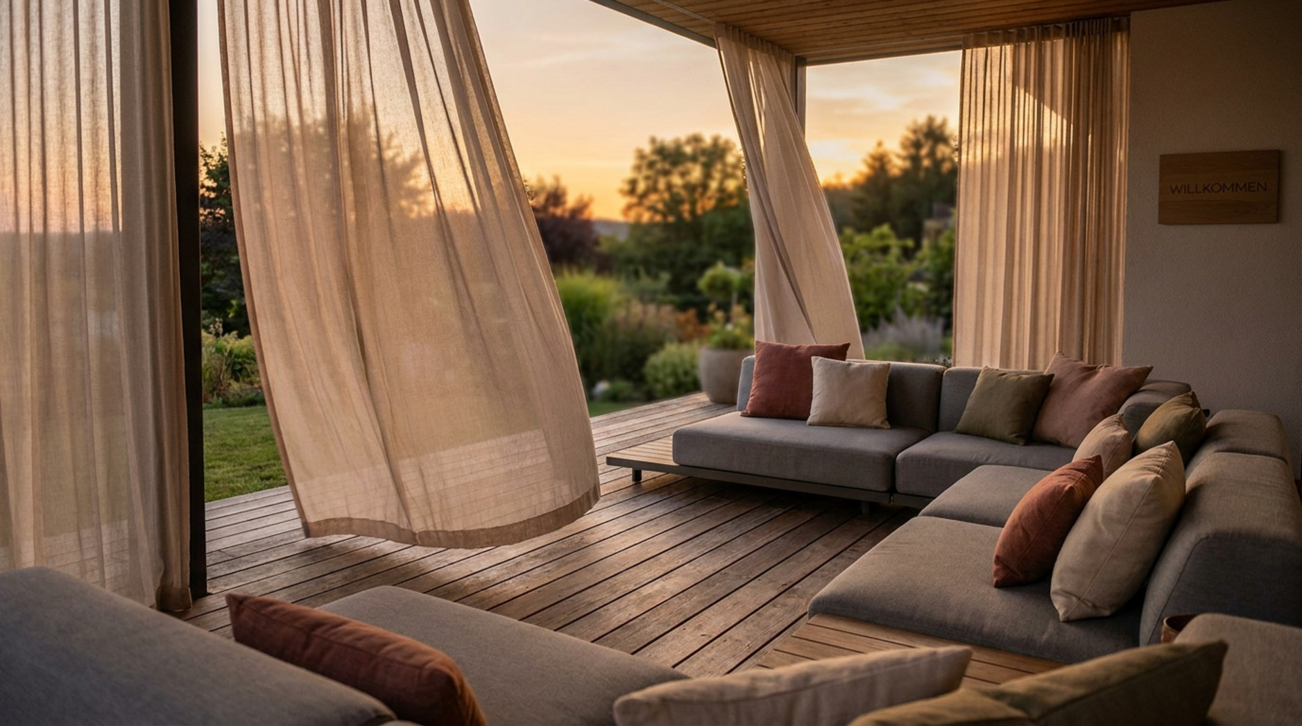 Überdachte Gartenterrasse mit großen grauen Sofas, hellen Vorhängen und Blick in den Garten bei Sonnenuntergang.