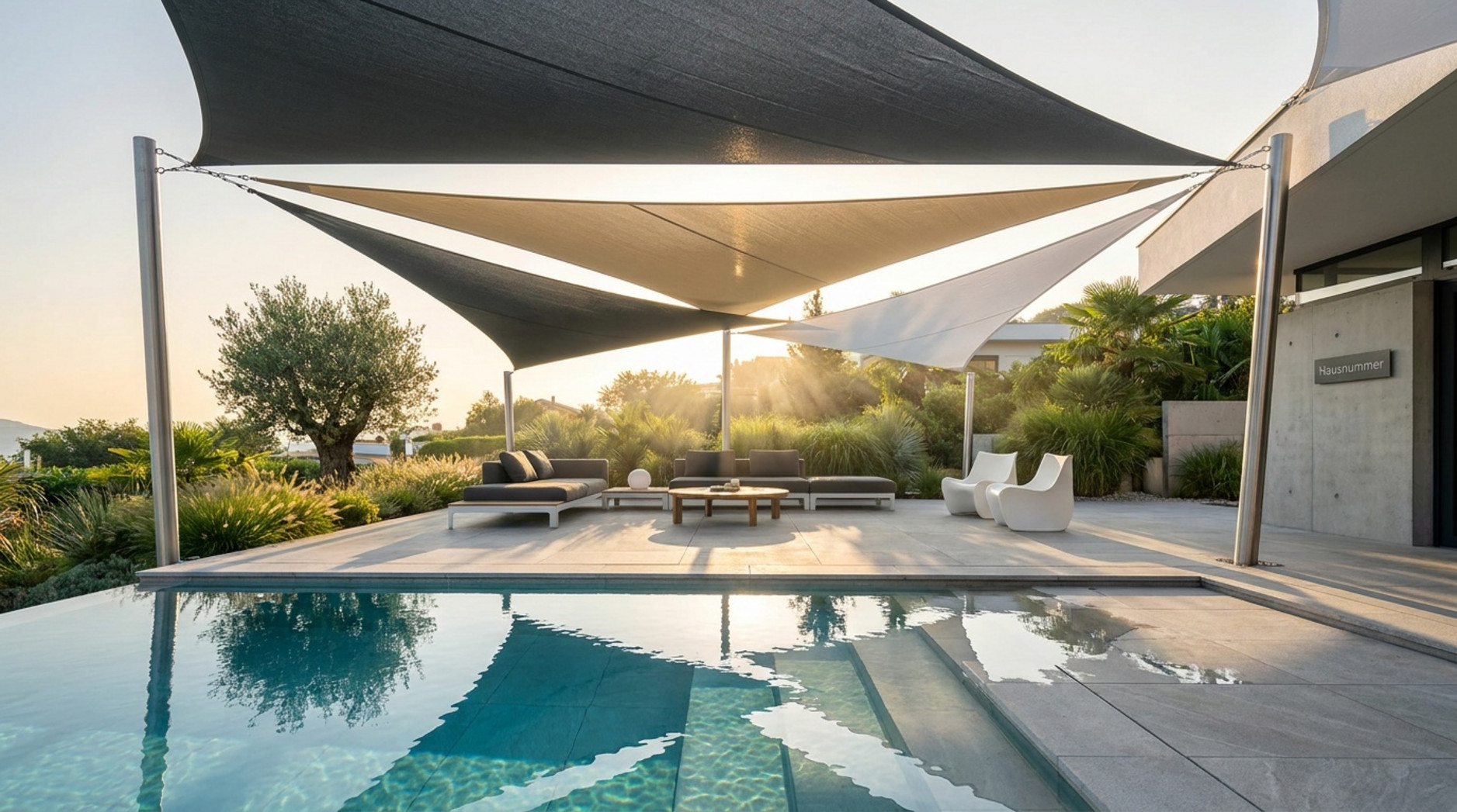 Moderne architektonische Visualisierung mit bunten Dreieckssonnensegeln über einer minimalistischen Poolterrasse.