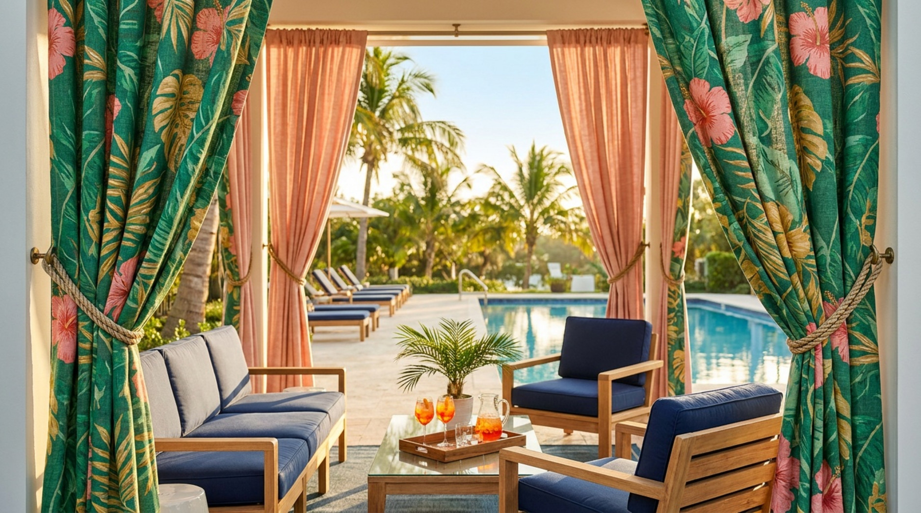 Poolside seating area framed by green floral curtains and tied-back coral drapes