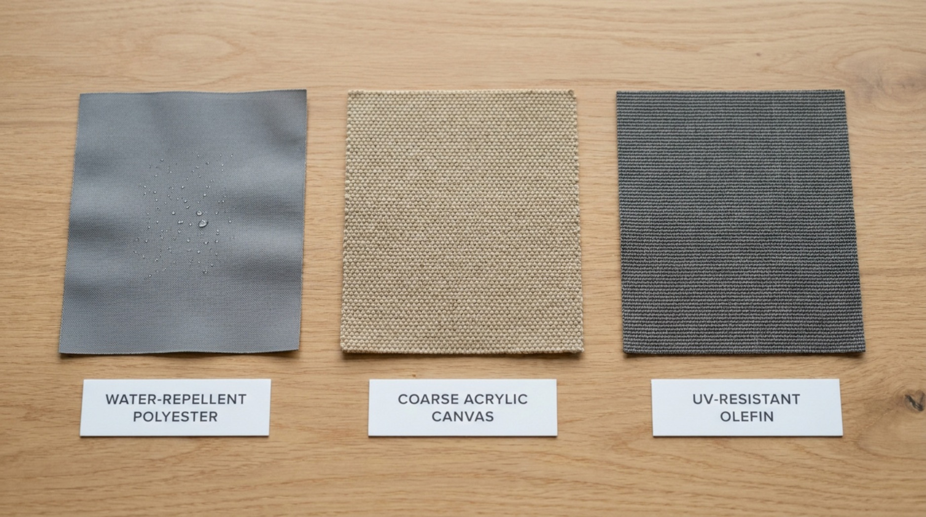 Three labelled outdoor fabric samples showing water-repellent polyester, coarse acrylic canvas and UV-resistant olefin