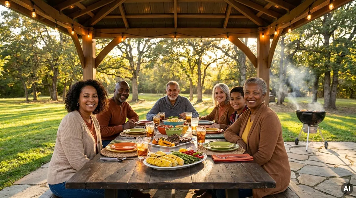 Group of people sharing an outdoor meal under a wooden gazebo with string lights and a barbecue grill nearby.