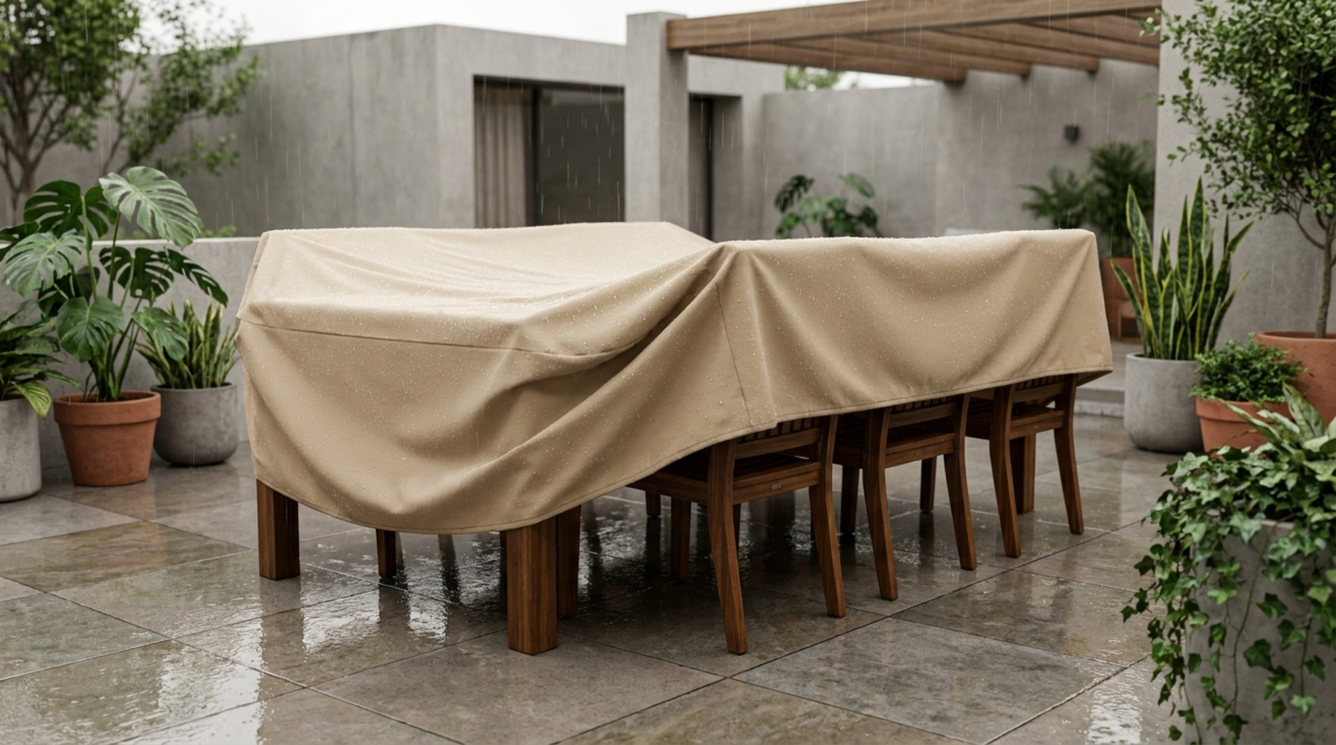 Mesa y sillas de madera protegidas con una funda impermeable en una terraza bajo la lluvia