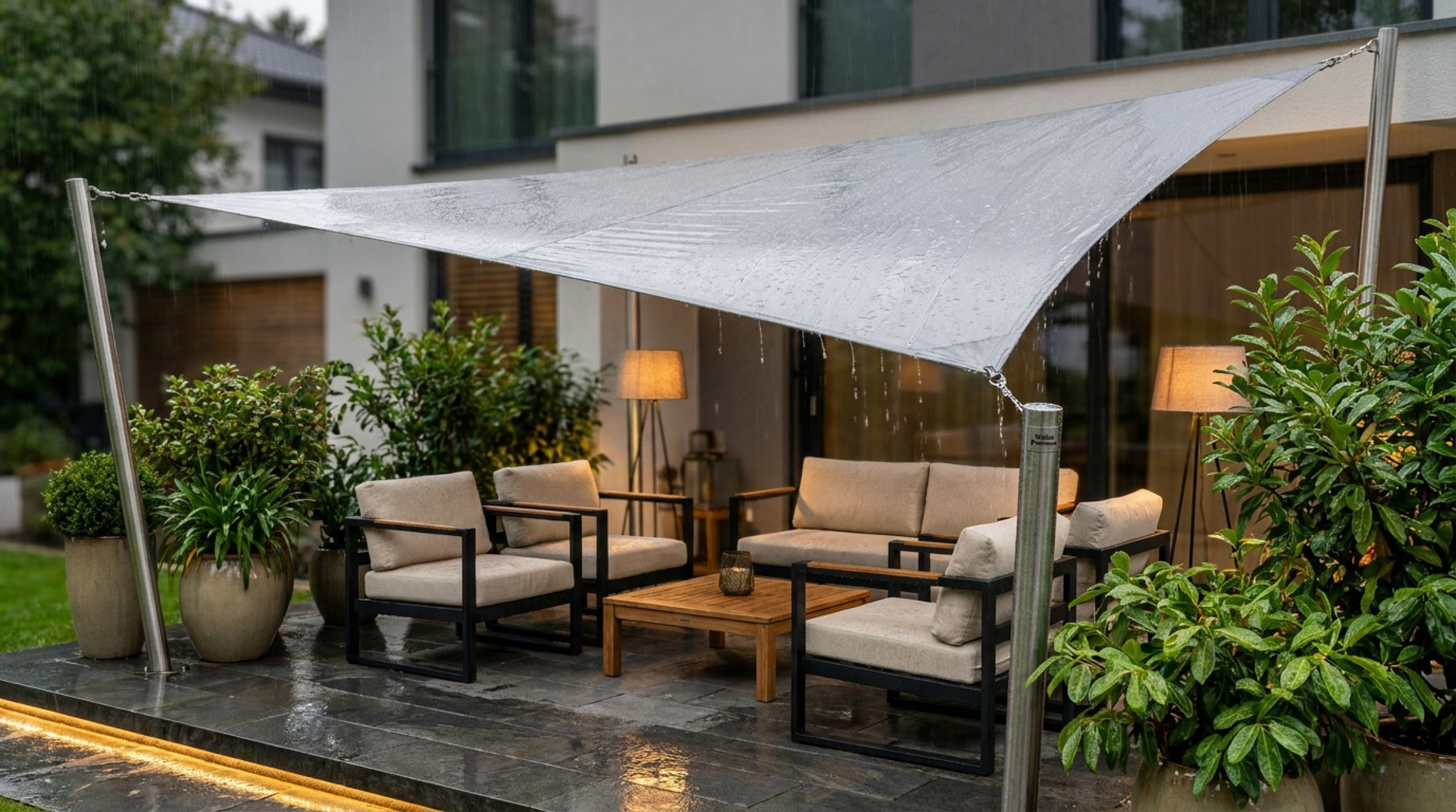 Vela de sombra gris instalada sobre un salón de jardín durante la lluvia