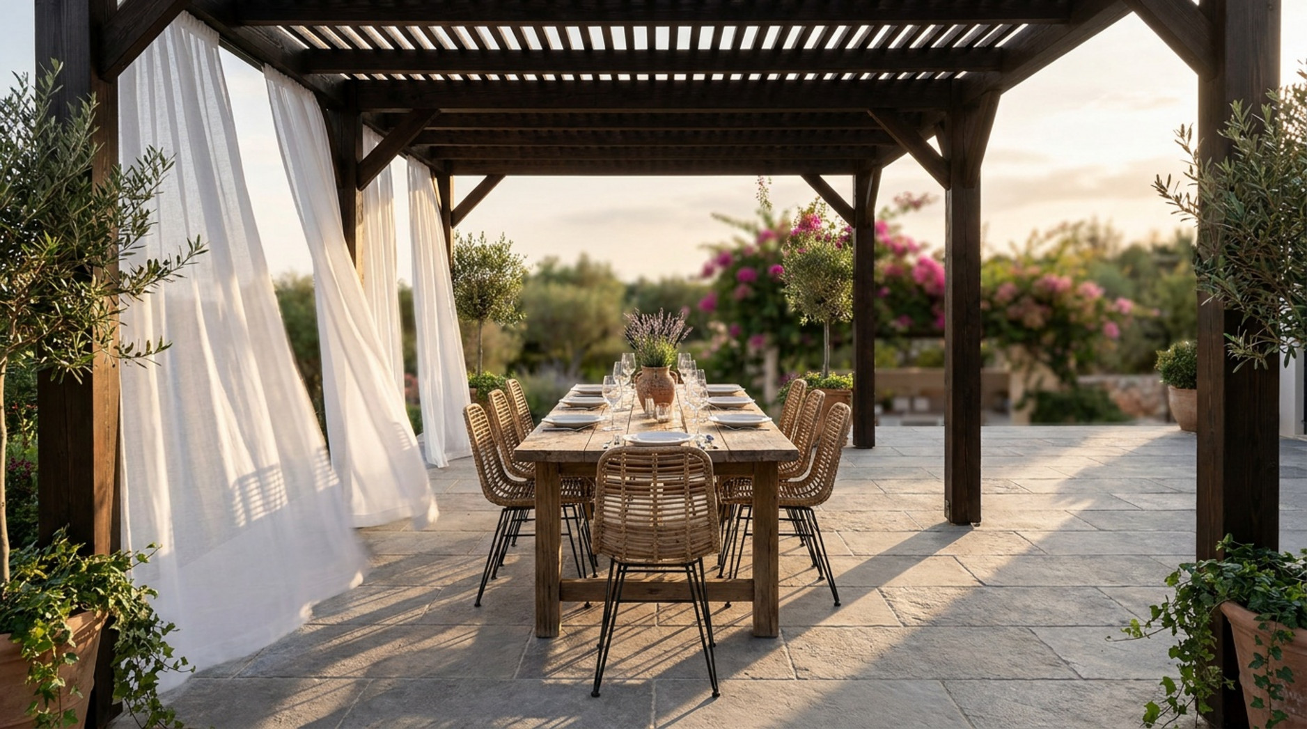 Table dressée sous une pergola en bois avec rideaux blancs et chaises en rotin