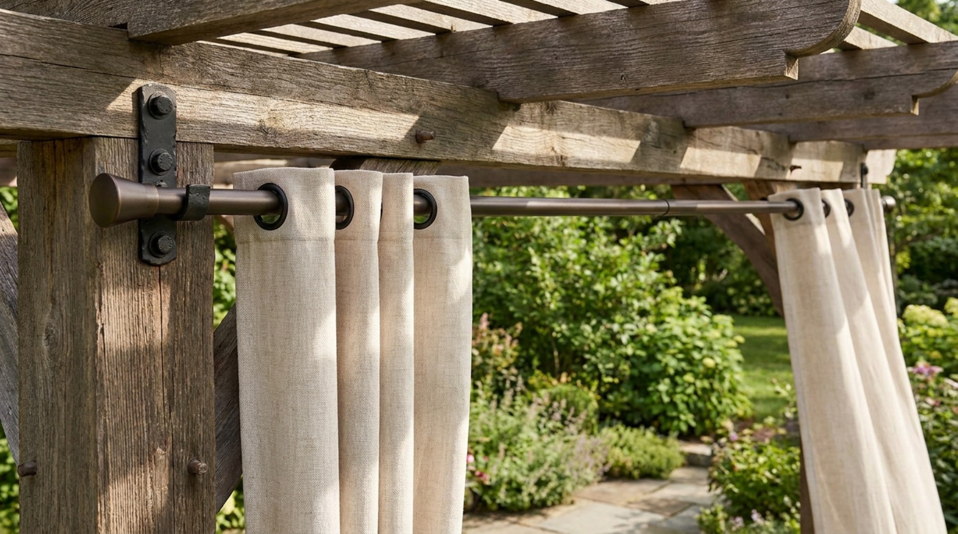 A close-up view of a metal curtain rod with grommet-style curtains installed on a rustic wooden pergola structure.
