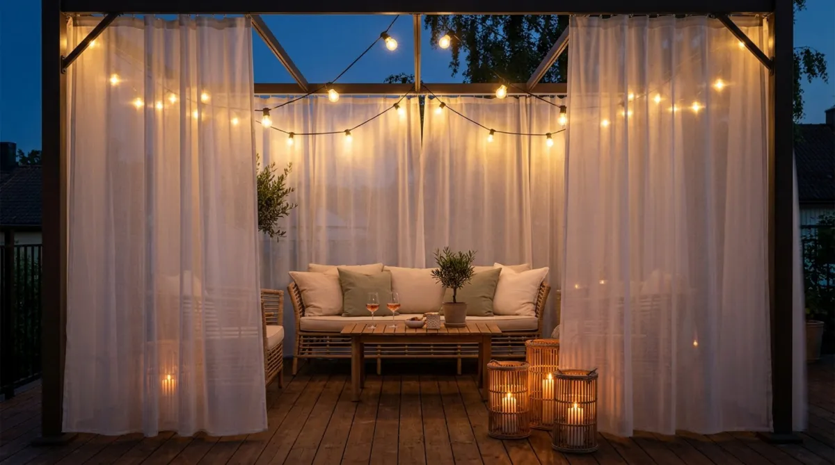 Pergola avec rideaux blancs et guirlande lumineuse sur une terrasse aménagée