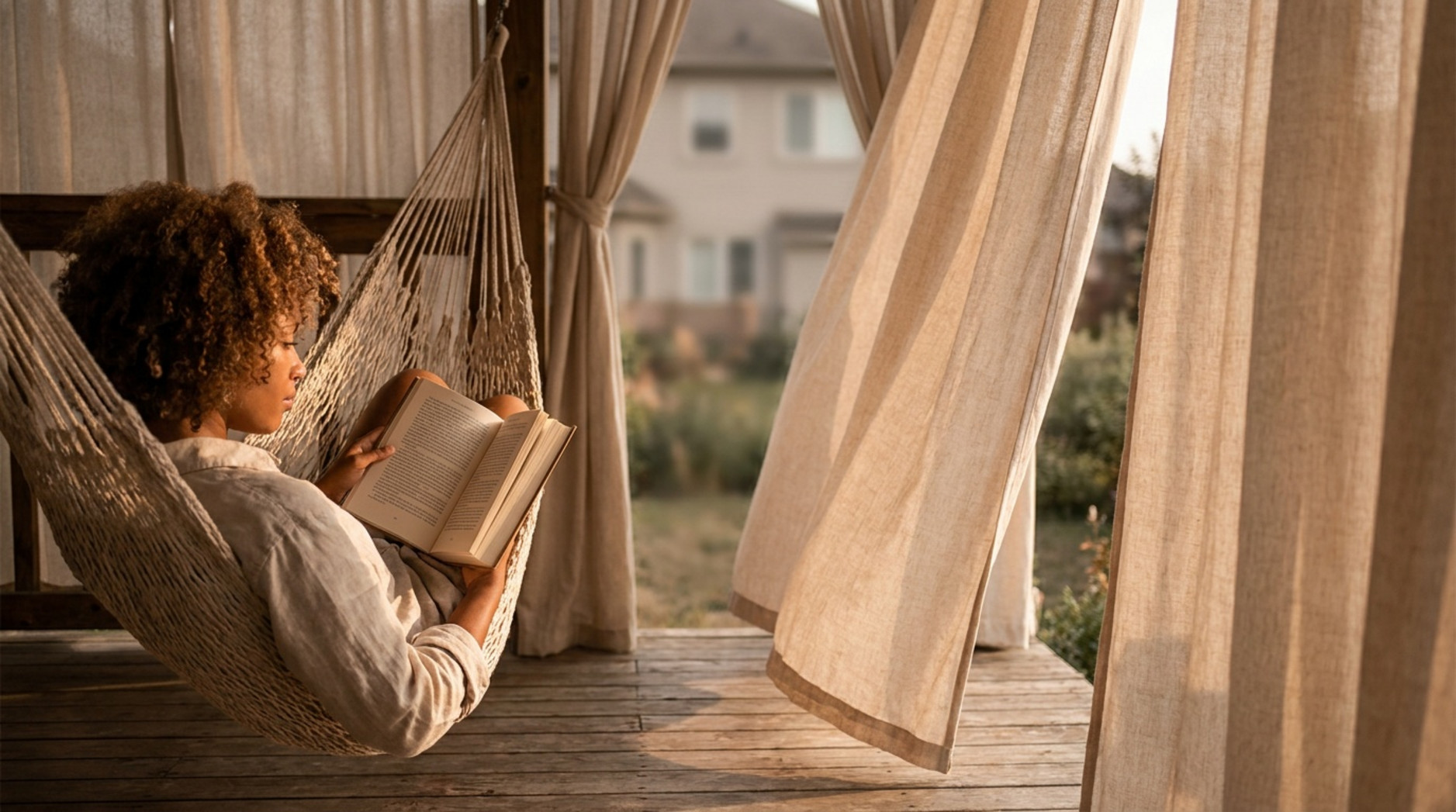 Woman reading a book in a hammock surrounded by flowing beige outdoor curtains