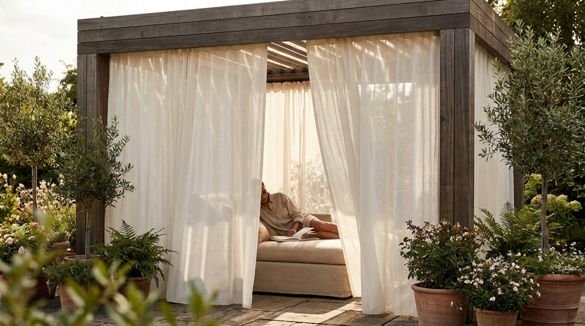 Wooden garden pergola with sheer white curtains and a person reading on a daybed
