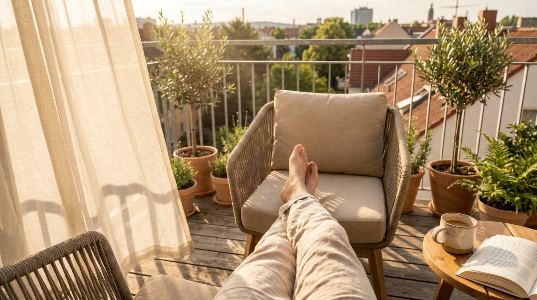 Entspannte Person mit hochgelegten Beinen auf einem sonnigen Stadtbalkon mit Sessel, Pflanzen, Buch und Kaffeetasse.
