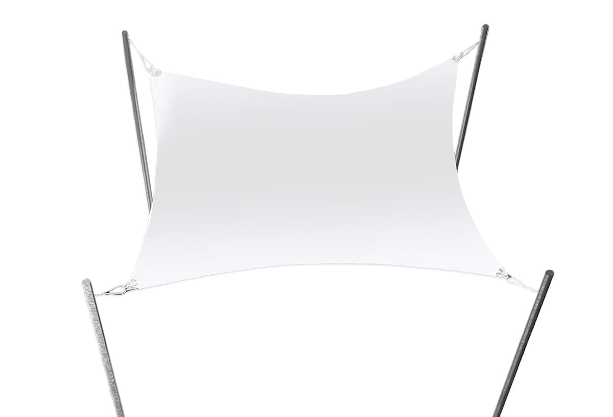 A rectangular white shade sail stretched between four metal poles, isolated against a plain white background.