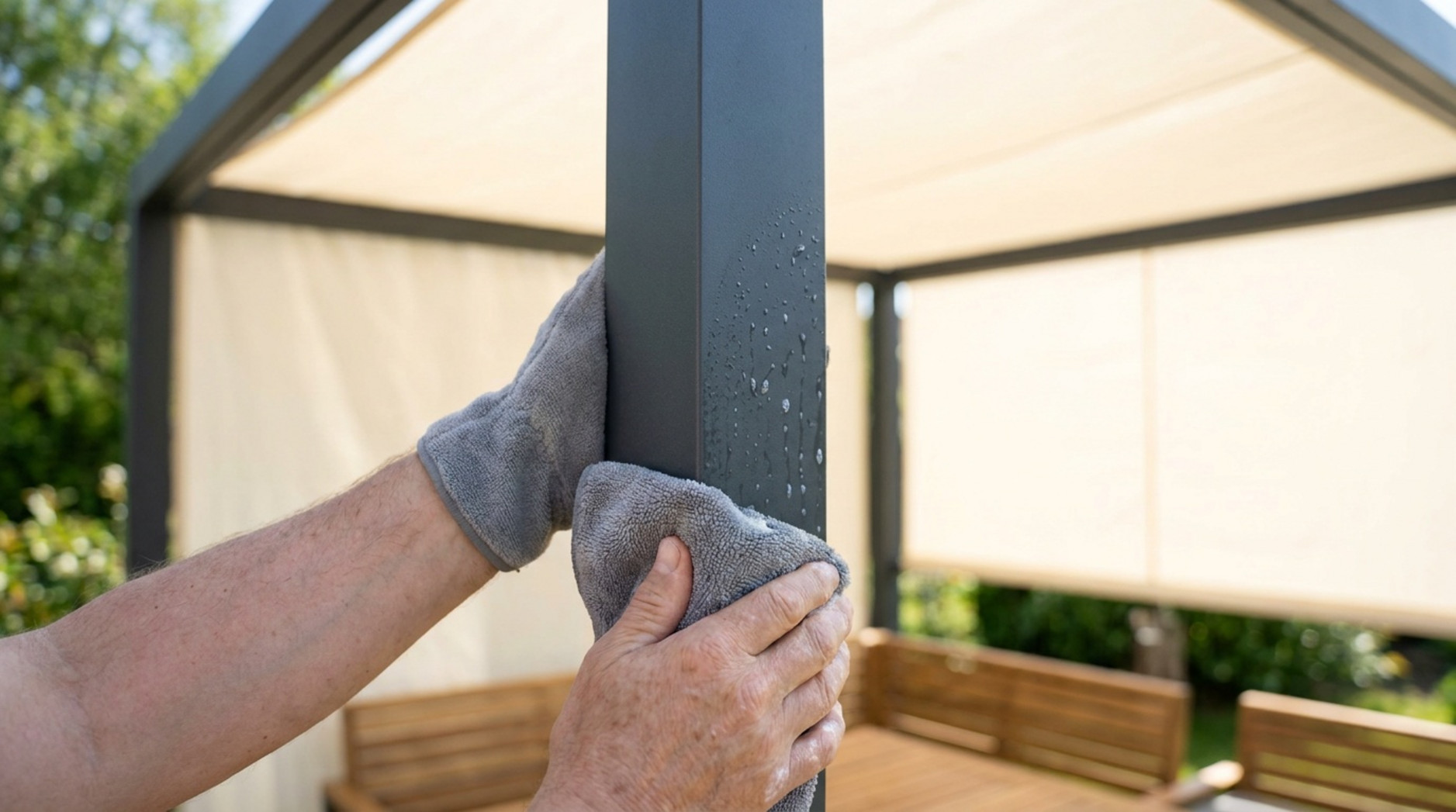 Hände reinigen einen anthrazitfarbenen Aluminium-Pergolapfosten mit einem grauen Mikrofasertuch, daneben Wassertropfen am Pfosten